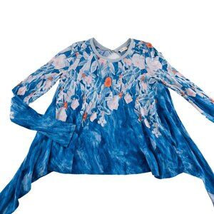 Meadow Rue XS‎ Floral Blue Long Sleeve Asymmetrical Hem Top Womens